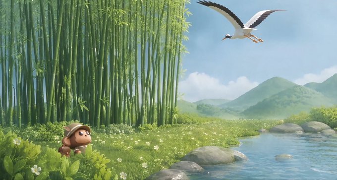 An illustration of a small brown character wearing a straw hat standing in a grassy field with white flowers near a bamboo forest, while a seagull flies overhead against a backdrop of green mountains and a blue river.