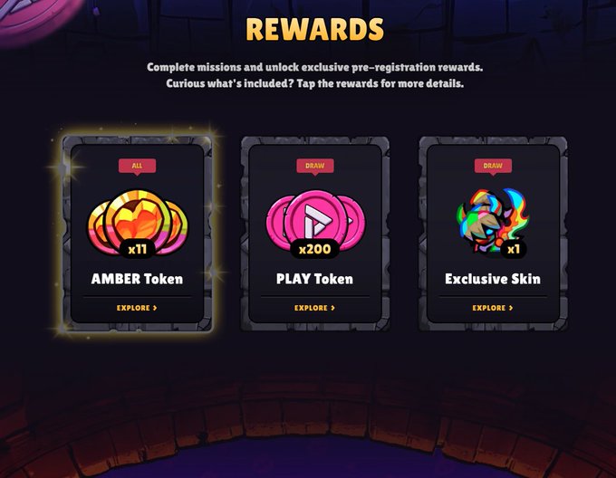 A rewards screen from a video game showing pre-registration bonuses: 11 Amber Tokens, 200 Play Tokens, and 1 Exclusive Skin.