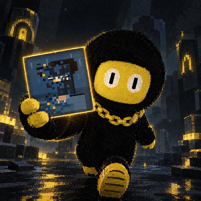 A stylized digital illustration of a fuzzy black character wearing a gold chain and yellow mask/boots, holding a pixelated tablet that displays another character, set against a glowing yellow-toned cityscape.