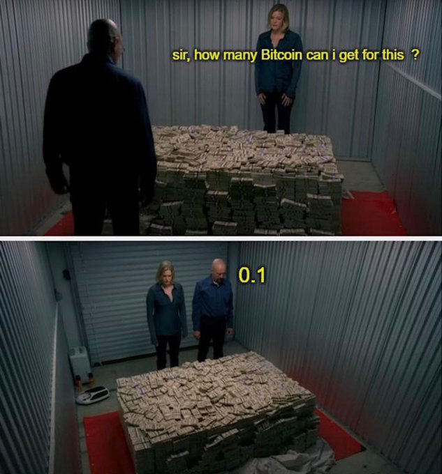 The image is a meme featuring two characters standing before a massive stack of cash, with one asking "sir, how many Bitcoin can i get for this?" and the other responding "0.1" — humorously illustrating the "We are not broke. We are pre-rich." post by exaggerating how little Bitcoin one could get in exchange for even a huge pile of money.