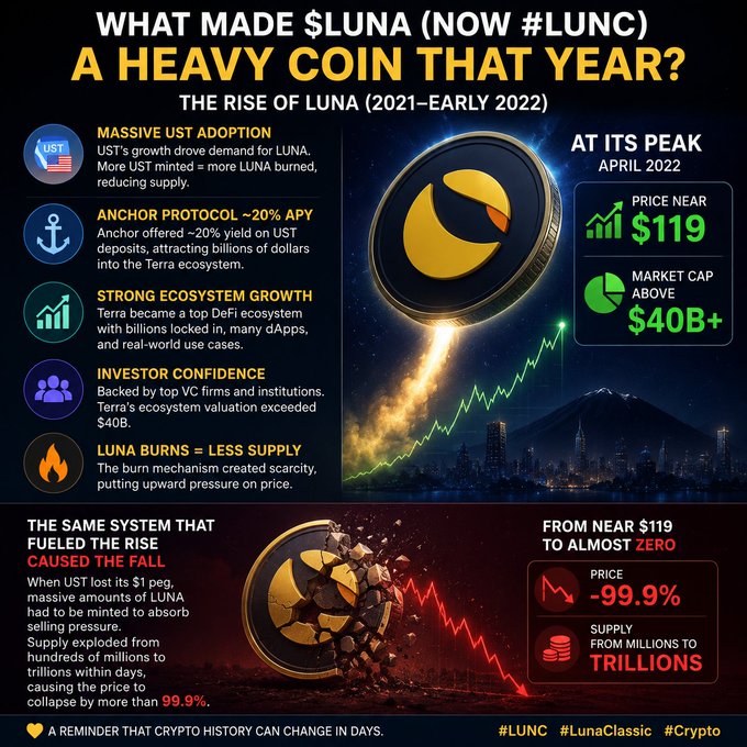 An infographic titled 'WHAT MADE $LUNA (NOW #LUNC) A HEAVY COIN THAT YEAR?' detailing the rise and fall of the Terra/Luna cryptocurrency, noting its peak near $119 in April 2022 and subsequent -99.9% collapse. Tags include #LUNC, #LunaClassic, and #Crypto.