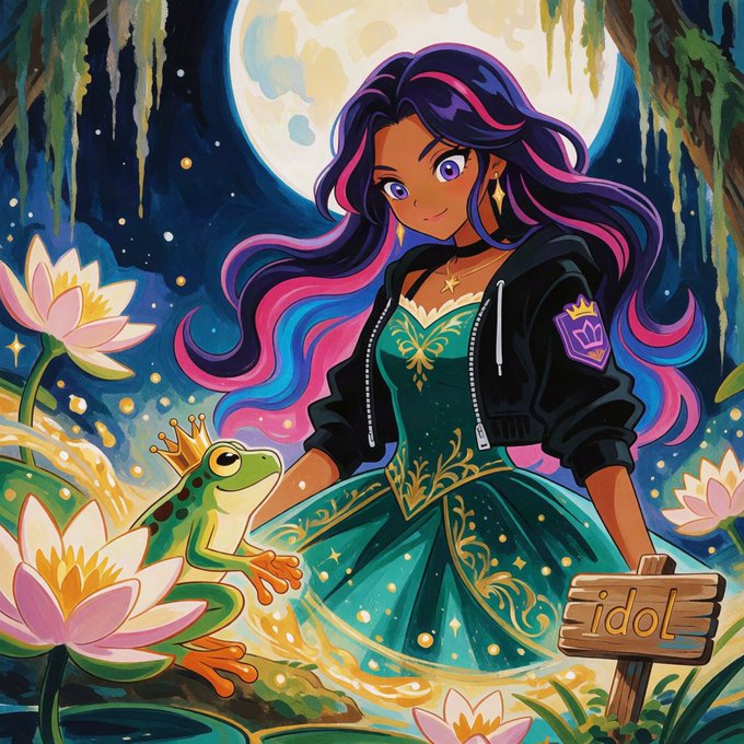 Anime-style illustration of a woman with long dark hair with pink and purple highlights wearing a green and black outfit, posing beside a crowned frog on a lily pad under a full moon, with a wooden 'idol' sign.
