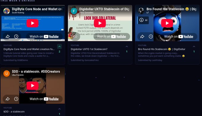 A YouTube channel page titled 'THIS WEEK'S ENTRIES' displaying video thumbnails about DigiByte, Digidollar (UXTO Stablecoin), and Bro Found His Stablecoin, with 'Watch on YouTube' buttons.