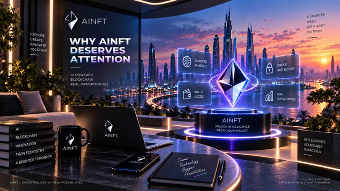A promotional banner for AINFT displayed on a screen with the text 'WHY AINFT DESERVES ATTENTION', 'AI POWERED BLOCKCHAIN', and 'UNLOCK INTELLIGENCE FROM YOUR WALLET', alongside a cityscape backdrop and floating feature icons.