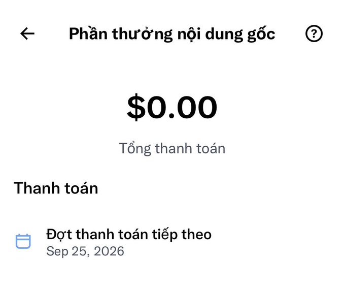 A mobile payment app screen in Vietnamese showing a total payment of $0.00 with the next payment scheduled for September 25, 2026.