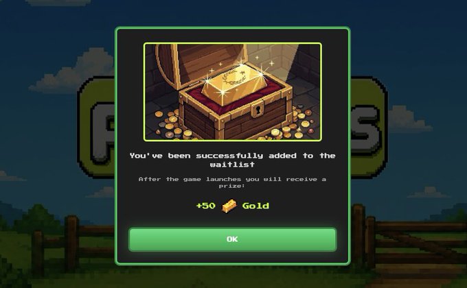 A pixel-art pop-up from "PONS" announces successful waitlist registration, promising a +50 Gold reward upon the game's launch. The notification, featuring an open treasure chest overflowing with coins, directly promotes the "Play-to-Earn economy @ponsianx" campaign, urging players to join at ponsians.com within the 8-hour window for early rewards.