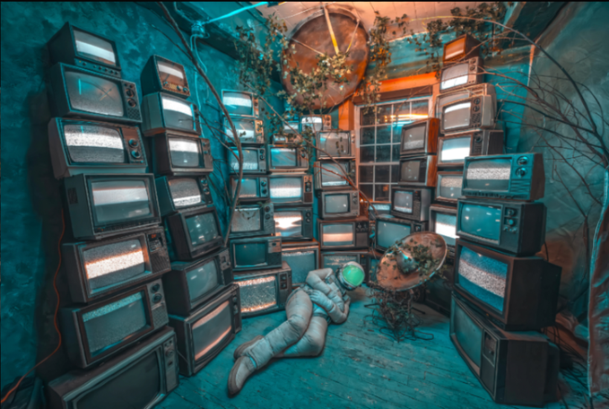A surreal, dreamlike digital artwork showing a person in a spacesuit with a glowing green visor sitting on the floor, surrounded by a massive curved wall of stacked, glowing CRT televisions and overgrown vines.
