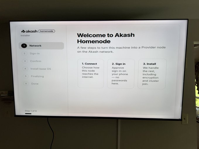 A wall-mounted TV screen displays the 'Welcome to Akash Homenode' installation interface, showing a 6-step process currently on Step 1: Network.