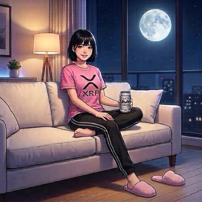 An anime-style woman relaxes on a couch at night, sipping from an "Asahi" beer can while wearing a pink "XRP" t-shirt, with the moon visible through the window behind her—capturing the calm Sunday evening vibe as the poster contemplates XRP's recent price surge and hopes for support at the EMA200 daily level.