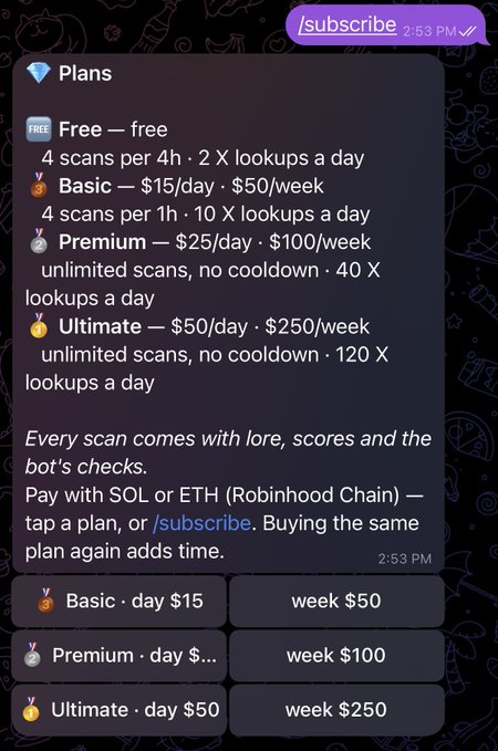 A Telegram bot message detailing subscription plans with options like 'Free', 'Basic — $15/day', 'Premium — $25/day', and 'Ultimate — $50/day', payable with 'SOL or ETH (Robinhood Chain)'.