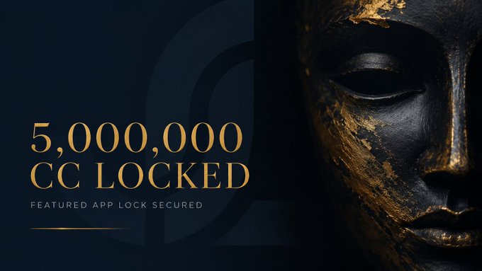 A dramatic gold and black statue face is partially visible beside gold text reading "5,000,000 CC LOCKED — FEATURED APP LOCK SECURED," visually reinforcing Jubilee AI's announcement of meeting the 5 million CC token lock requirement on Canton Network to advance toward its Featured App launch as a native NFT marketplace.