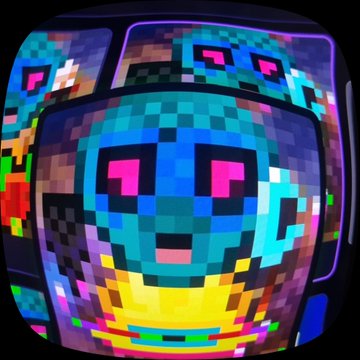 A distorted, pixelated, colorful digital illustration featuring a blue character with pink eyes that appears on a warped, curved screen-like surface.