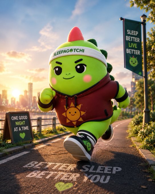 A cheerful green dragon-like mascot wearing a "Sleepagotchi" headband and hoodie jogs along a waterfront path, with text reading "BETTER SLEEP BETTER YOU" painted on the road and a sign nearby stating "ONE GOOD NIGHT AT A TIME" alongside a flag promoting "SLEEP BETTER LIVE BETTER." The vibrant image captures the app's playful approach to reframing sleep as a personal wellness journey rather than just tracking hours, matching the post's theme of exploring how Sleepagotchi helps users rethink their connection to rest.