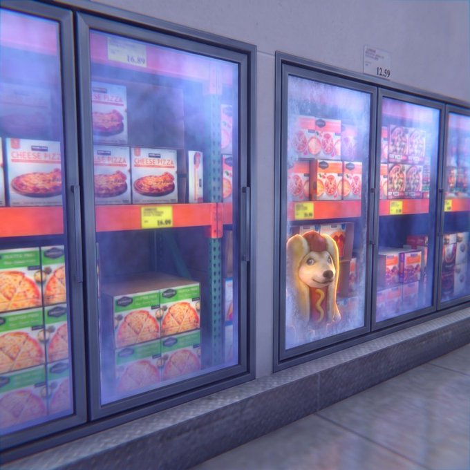 A row of glass-door freezers in a store displays frozen pizzas; a humorous edit shows a dog's face wearing a hot dog costume looking out from one of the freezer doors.