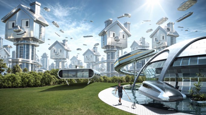 A futuristic utopian cityscape with house-shaped towers featuring cartoonish smiling faces, elevated transport pods, sleek architecture, green lawns, and a person walking a dog under a bright sky.