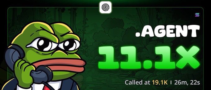 A promotional graphic featuring a Pepe the Frog cartoon character in a suit talking on a phone, with text '.AGENT 11.1X Called at 19.1K | 26m, 22s' displayed in green.