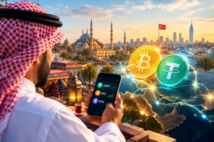 A man in a red and white keffiyeh looks at a smartphone showing cryptocurrency tickers (USDT, BTC, ETH) while floating Bitcoin and Tether coins glow above a map of Turkey and Istanbul.