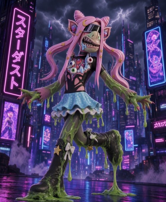 A horror-style digital artwork depicting a grotesque pink-haired anime girl covered in green slime, set against a cyberpunk cityscape with Japanese neon signage.