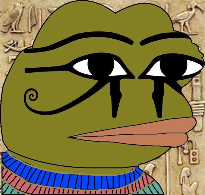 A sad Pepe the Frog cartoon character with black tears streaming from his eyes is set against an Egyptian hieroglyphic background.