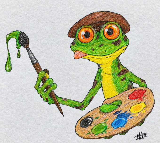 A whimsical drawing shows a green tree frog with an artist's beret holding a dripping paintbrush in one hand and a wooden palette with colorful paint blobs in the other.
