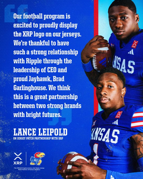 A promotional graphic features Kansas Jayhawks football players in blue jerseys displaying the XRP logo, alongside a quote from Coach Lance Leipold about the university's partnership with Ripple, emphasizing the collaboration between two strong brands.