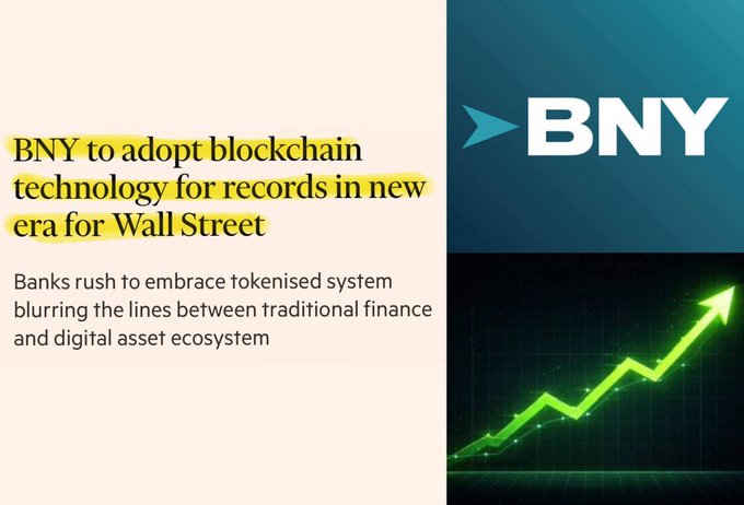 An informational graphic announcing that BNY (Bank of New York), the world's largest custodian bank with $59 trillion in assets, will adopt blockchain technology for fund transaction records—marking a new era for Wall Street—with BlackRock among the first to move on-chain. The image features the BNY logo and a glowing green upward-trending arrow on a chart, symbolizing the bank's pioneering move into the digital asset ecosystem.