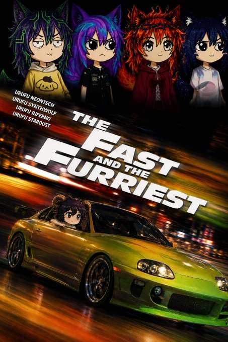 The image is a parody movie poster styled like "The Fast and the Furious," featuring anime-style characters labeled Urufu Neontech, Urufu Synthwolf, Urufu Inferno, and Urufu Stardust above a yellow sports car with Urufu Stardust driving. The caption "The Fast and the Furriest" plays on the franchise's title while tying into the post's theme of crypto underground "tuners" pushing Uniswap v4 hooks to their redline, with the Urufu crew mirroring a street-racing crew.
