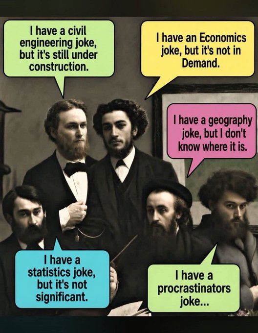 A meme features a vintage photograph of five men in 19th-century attire, with colorful speech bubbles containing jokes: 'I have a civil engineering joke, but it's still under construction,' 'I have an Economics joke, but it's not in Demand,' 'I have a geography joke, but I don't know where it is,' 'I have a statistics joke, but it's not significant,' and 'I have a procrastinators joke...'