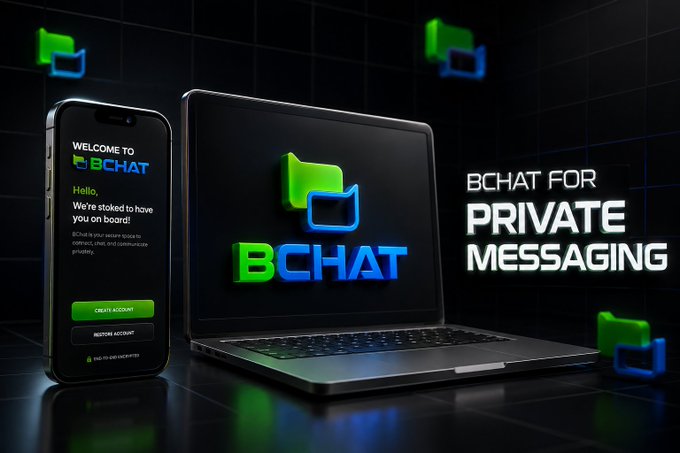 Promotional advertisement for 'BCHAT FOR PRIVATE MESSAGING,' showing the interface displayed on both a smartphone and a laptop.