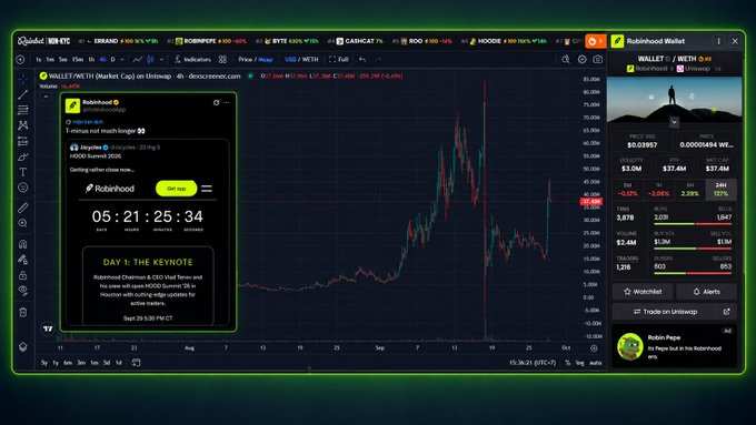 A TradingView dark-themed chart showing Robinhood (HOOD) stock with a countdown timer reading '05:21:25:34' and a panel promoting 'DAY 1: THE KEYNOTE' for Robinhood Chain & USD stablecoin launch.
