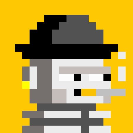 A pixel art character wearing a black hat and gray outfit with a striped shirt, standing against a yellow background.
