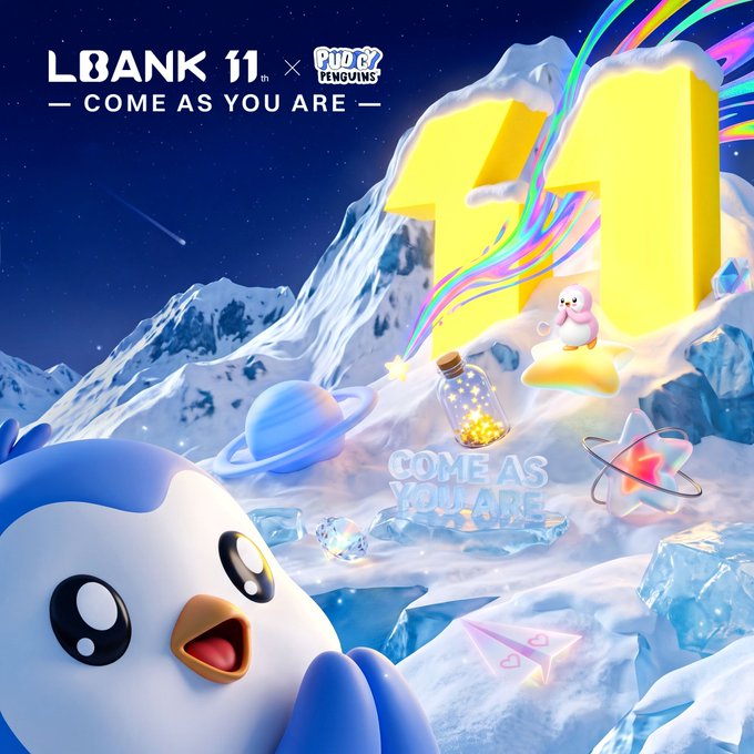 A promotional graphic for 'LBANK 11 x PUDGY PENGUINS' with the slogan 'COME AS YOU ARE', featuring a 3D-rendered penguin in a snowy, cosmic landscape with a large '11'.