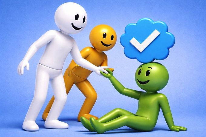A 3D render shows a white figure and an orange figure helping a smiling green figure sit up, with a blue checkmark thought bubble above.