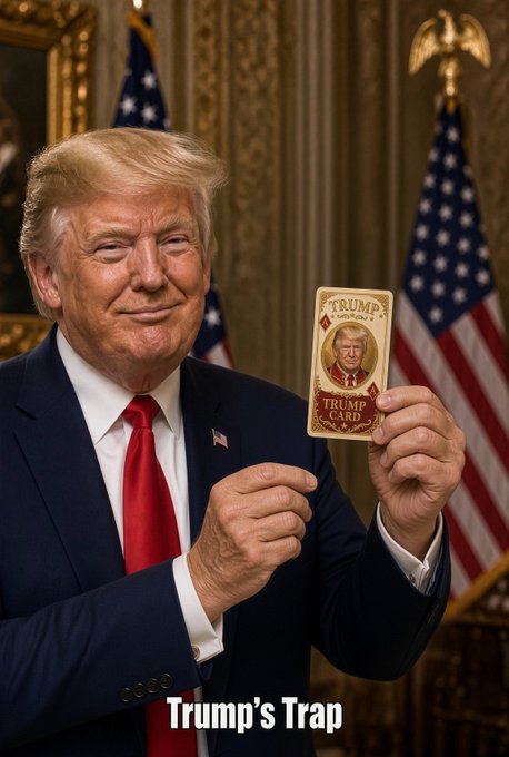 An AI-generated image of Donald Trump holding a gold 'Trump Card' with his portrait, smiling in front of American flags, with the caption 'Trump's Trap' at the bottom.