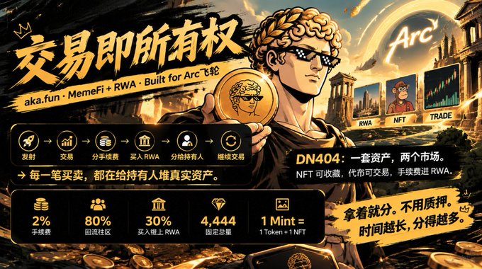 Chinese-language promotional graphic for 'Arc' token describing trading features like RWA, NFT, and Trade, with stats including 2% fees, 80% community, and 4,444 total supply.