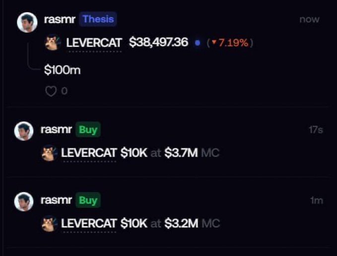 A social media feed showing user 'rasmr' making thesis and buy posts regarding the token LEVERCAT, noting a price of $38,497.36 and purchases at $3.7M and $3.2M market caps.