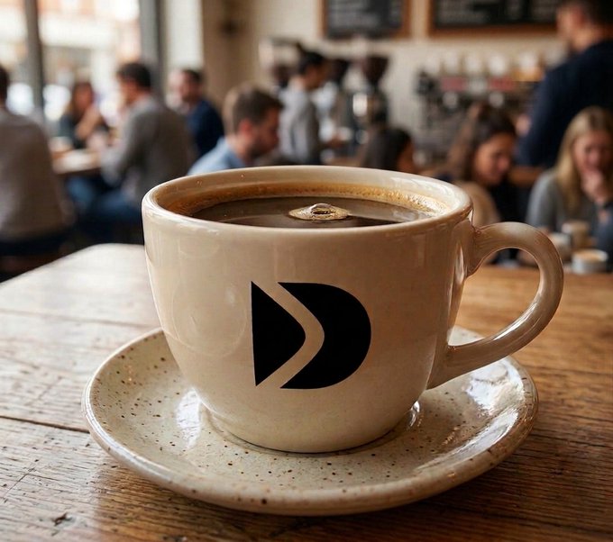 A close-up of a beige coffee cup sitting on a saucer on a wooden table, featuring a black geometric logo consisting of a 'D' shape within a circle, with a blurred cafe scene behind it.