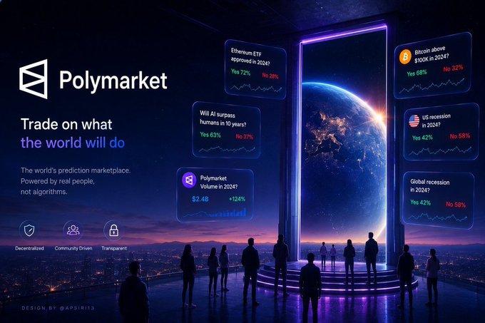 A futuristic Polymarket promotional graphic reading 'Trade on what the world will do' with people silhouetted against a glowing portal displaying prediction cards for events like 'Bitcoin above $100K in 2047?' and 'Will AI surpass humans in 10 years?'