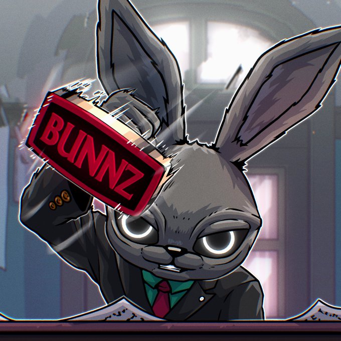 An illustration of an anthropomorphic rabbit character in a suit holding up a red sign that reads 'BUNNZ.'