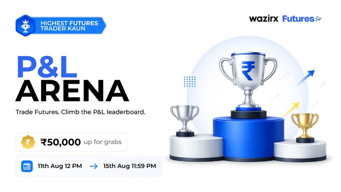 A WazirX Futures promotional banner for the "P&L Arena" competition featuring trophies and an arrow graphic, advertising a ₹50,000 reward pool running from 11th Aug 12 PM to 15th Aug 11:59 PM, where traders climb a P&L leaderboard.
