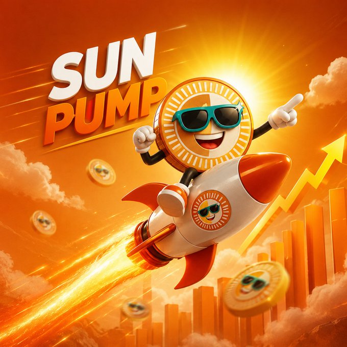 A cartoon coin mascot wearing sunglasses rides a rocket skyward through an orange, sun-filled sky, surrounded by floating coins and an upward-trending chart, with bold text reading "SUN PUMP" — visually representing the platform's fast, rocket-fueled growth and accessible meme token launches on TRON.