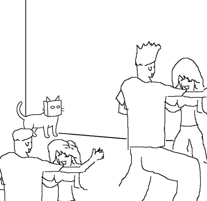 A black and white line drawing depicts a humorous scene with stick-figure characters and a cat with a box-shaped head standing on a man's shoulders.