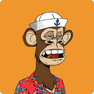 Cartoon NFT-style Bored Ape wearing a white sailor hat and a red floral Hawaiian shirt against an orange background.