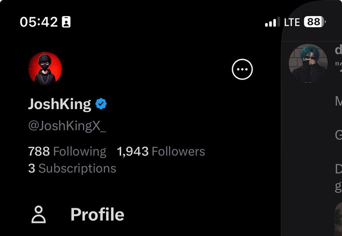 Twitter/X profile page for 'JoshKing' (@JoshKingX_) with a verified blue check, showing 788 Following, 1,943 Followers, and 3 Subscriptions.