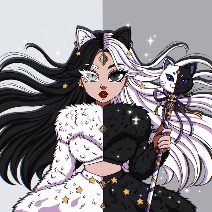 An anime-style drawing features a girl with split black and white hair, cat ears, and matching black and white fur clothing, holding a staff topped with a black and white cat.