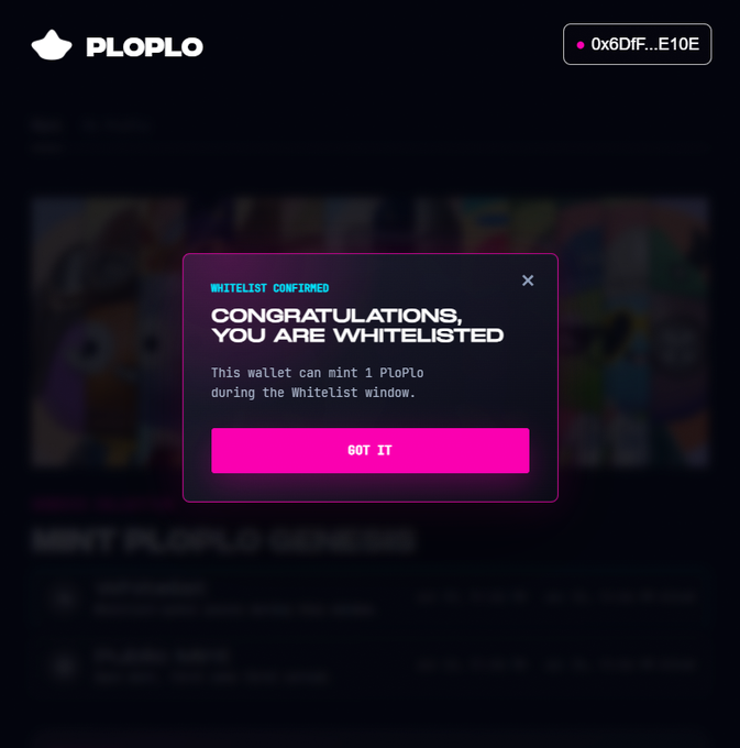 A Ploplo website screenshot shows a pop-up dialog stating 'CONGRATULATIONS, YOU ARE WHITELISTED' with a 'GOT IT' button.