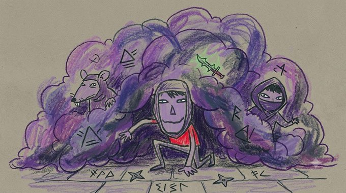 A hand-drawn sketch of a purple cloud containing three characters — a rat-like creature, a hooded figure, and a masked person — emerging onto symbols and text.
