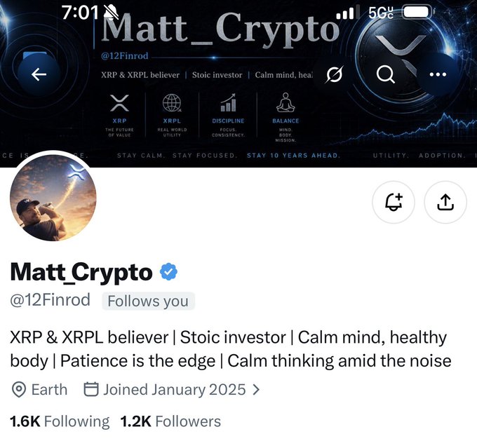 A screenshot of Matt_Crypto's (@12Finrod) verified X/Twitter profile shows an XRP & XRPL believer with 1.2K followers and 1.6K following, aligned with the post's call to follow and support this active community member. The profile banner reinforces the XRP theme with "STAY CALM. STAY FOCUSED. STAY 10 YEARS AHEAD." messaging.
