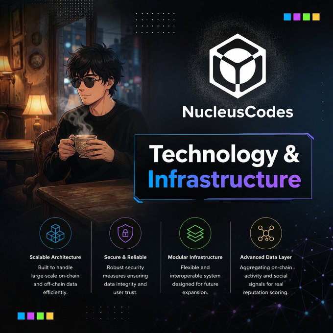 The image is a promotional graphic for NucleusCodes featuring an anime-style character wearing sunglasses and holding a steaming cup, with the text "NucleusCodes Technology & Infrastructure" and four feature points: Scalable Architecture, Secure & Reliable, Modular Infrastructure, and Advanced Data Layer. It visually complements the post by showcasing NucleusCodes' tech-focused approach to building reputation-based Web3 systems that distinguish genuine contributors from bots and short-term farmers.