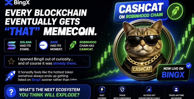 Promotional graphic for BingX exchange featuring a cat wearing sunglasses and a 'CASHCAT' gold chain, with text 'EVERY BLOCKCHAIN EVENTUALLY GETS "THAT" MEMECOIN' and showing chat messages about Solana, Robinhood Chain, and Base ecosystems.